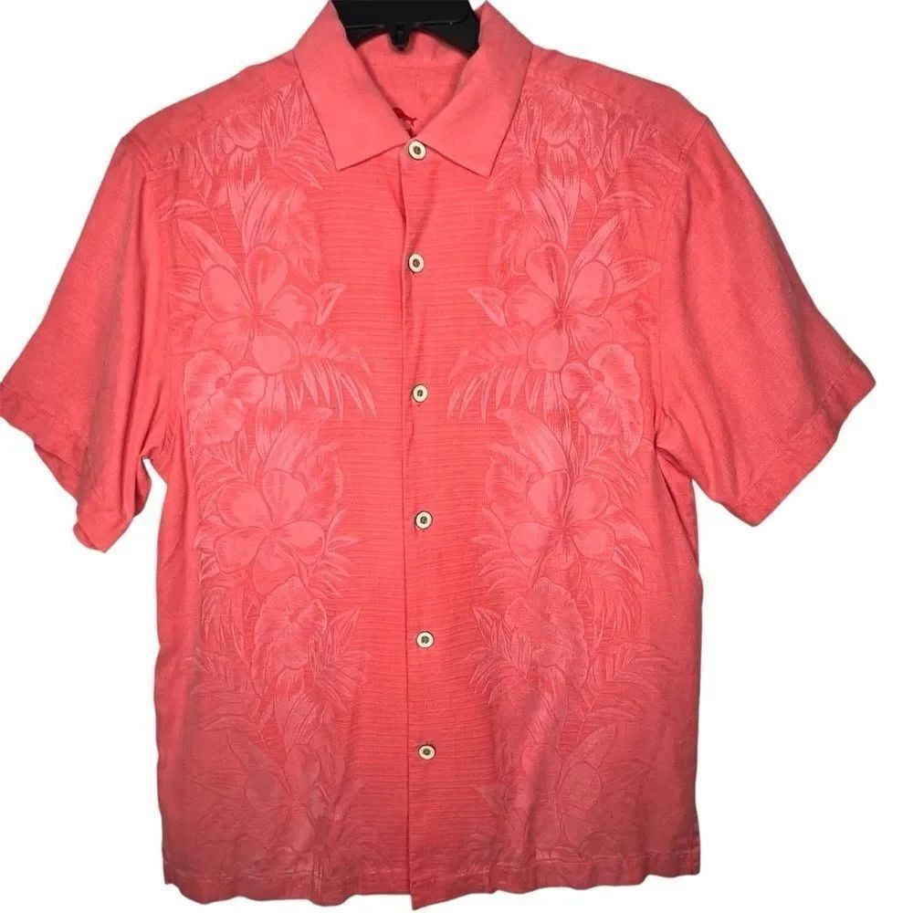 Tommy Bahama Kamari Border Camp Coral Orange Silk Men's Short Sleeve Shirt Sz M